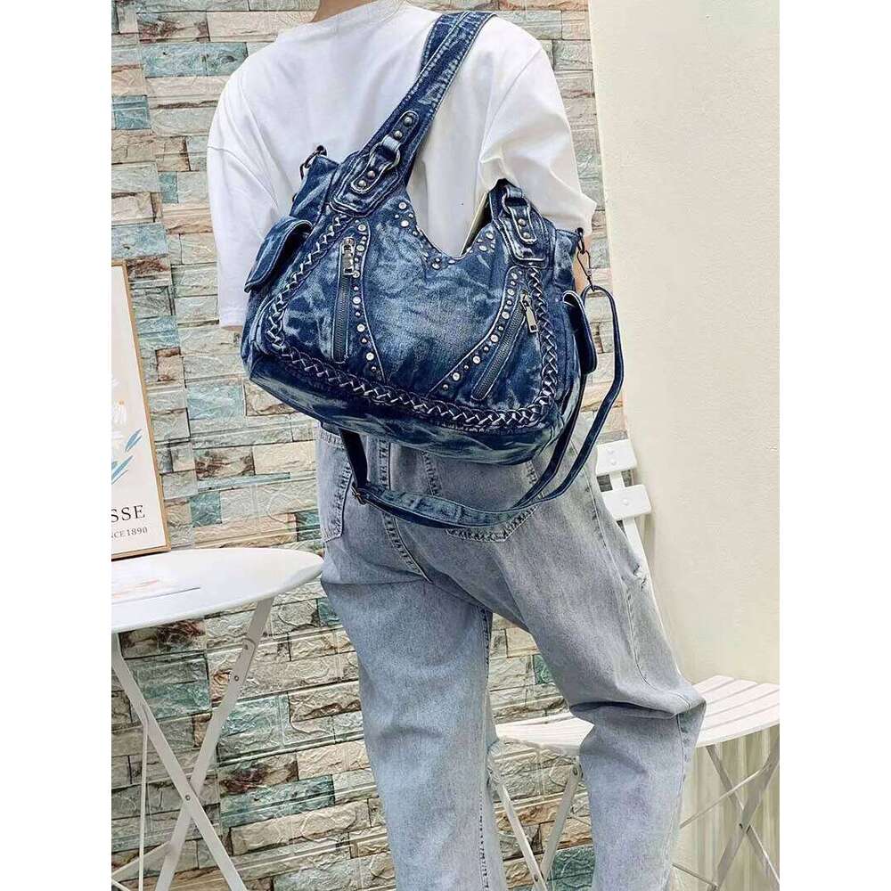 HIGHREAL High Quality Handbag Rivets Women Designer Shoulder Large-Capacity Wash Denim Girls Messenger Bag
