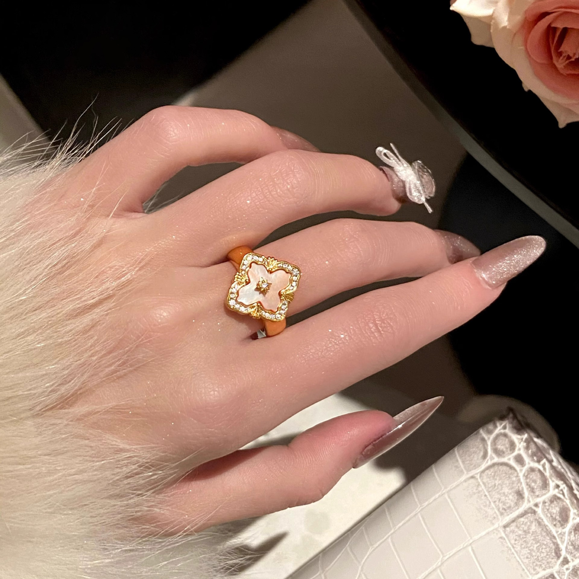 Gold - Tone Ring With Mother - Of - Pearl And Rhinestone Accents, Elegant Party Jewelry And Gift For Her, High - Quality Stylish Jewelry