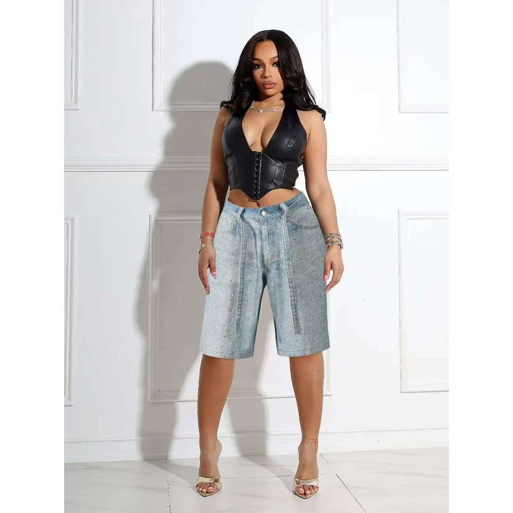 hoodie Wear Women Pants Summer Fashion Dias Elasticity Denim With Belt Streetwear Casual Lady Baggy Straight Jeans Shorts jacket