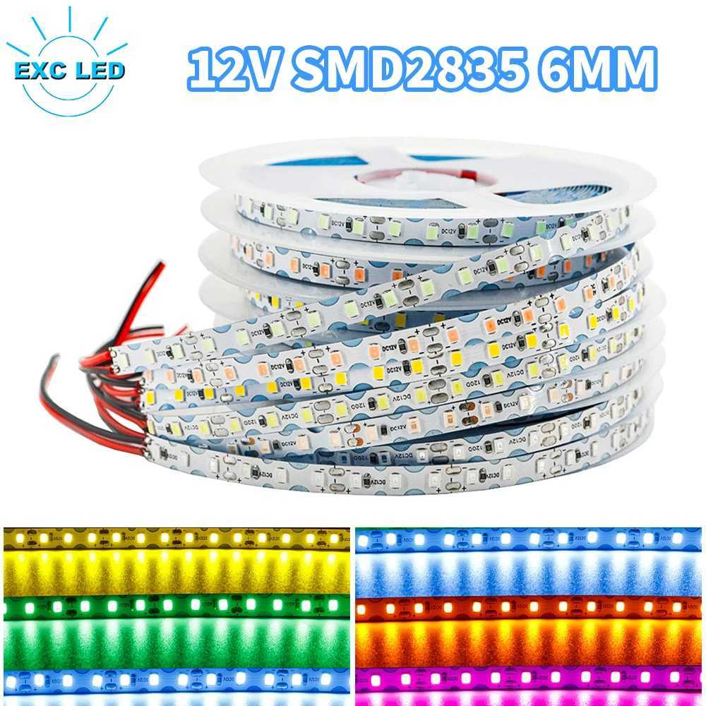 2835SMD LED Strip Light 120Leds/M 6MM Red Green Blue White Flexible Lighting Tape Dimmable Ribbon For Home Bar Decoration DC12V W250701