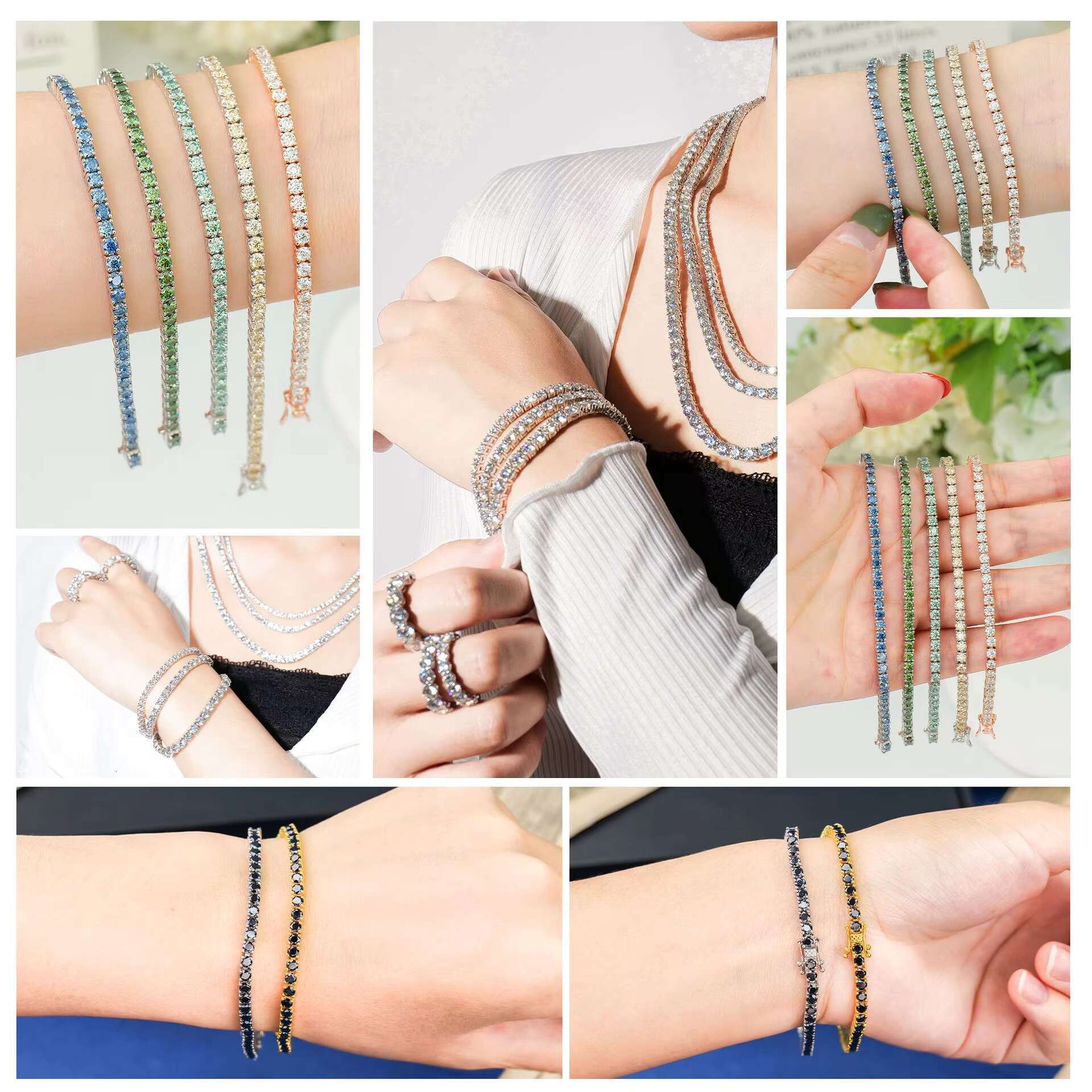 925 Sterling Silver Classic Women Men Blue Green 3mm Colorful Moissanite Tennis Bracelet
