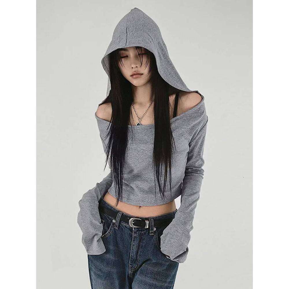 hoodie Wear Basic Hooded Waste Soil Style Cropped T-Shirt Y2k Aesthetic Slim Off Shoulder Long Sleeve Tees Casual Streetwear Tops jacket