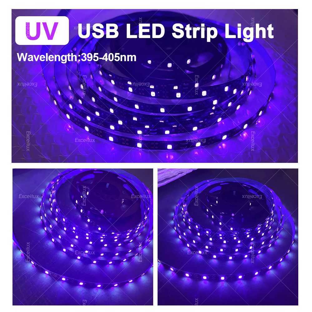 USB UV LED Strip Light 395nm-405nm SMD 2835 UV Black Light Flexible LED Lamp Ribbon For Room Decor Fluorescence Party Diode Tape W250701