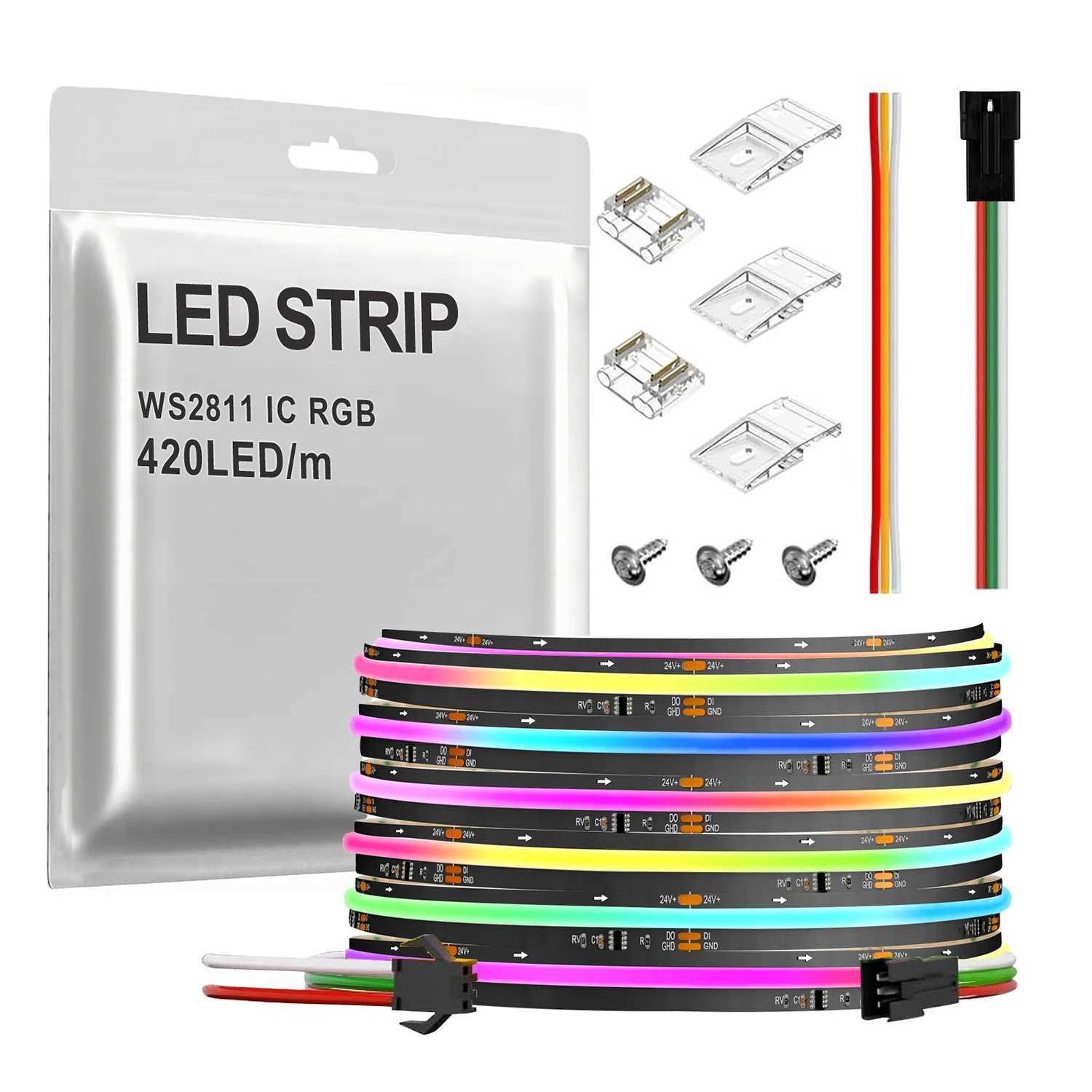 SPI COB LED Strip WS2811 RGB+IC Addressable 420LEDs/m Pixel Dream Color High Density Flexible FCOB LED Lights RA90 WS2812B W250701