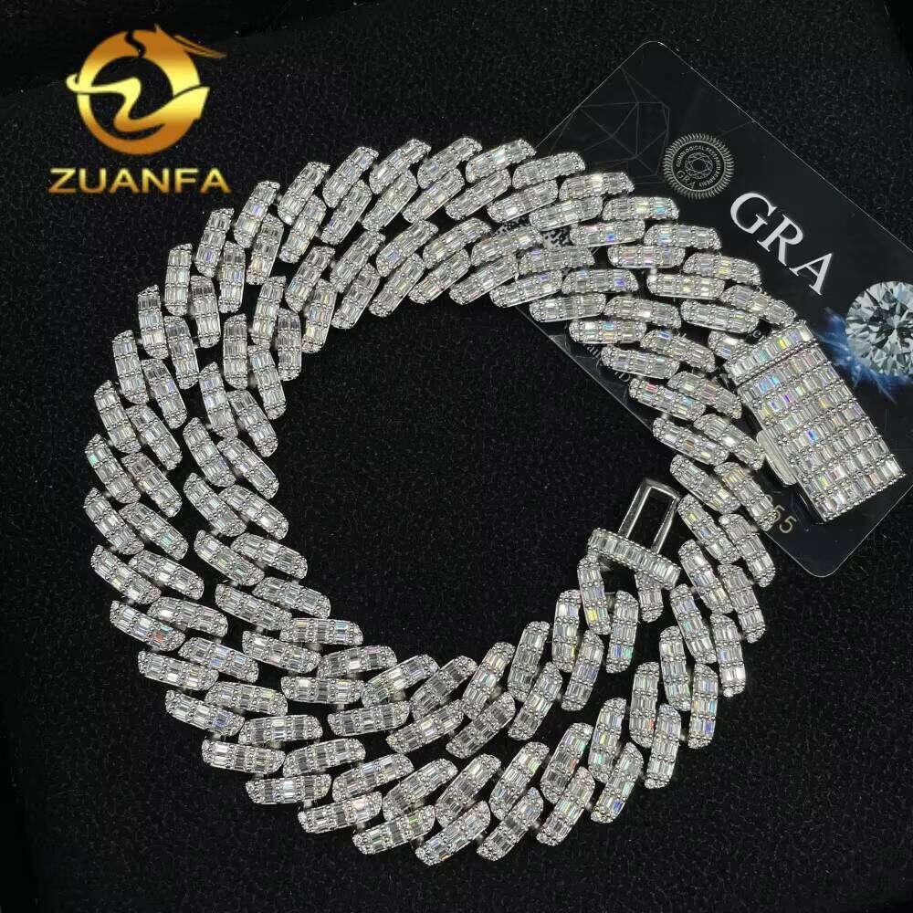 GRA Certified Mens Jewelry Necklace Fang Set Pure Sier 15Mm Baguette VVS Moissanite Iced Cuban Chain
