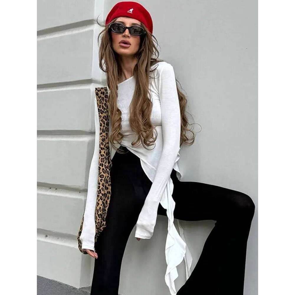 hoodie Wear Irregular Tassel Women T-Shirts Autumn Solid New Full Sleeve O-Neck Shirring Slim Tops Female Wild Trend Street Clothing jacket