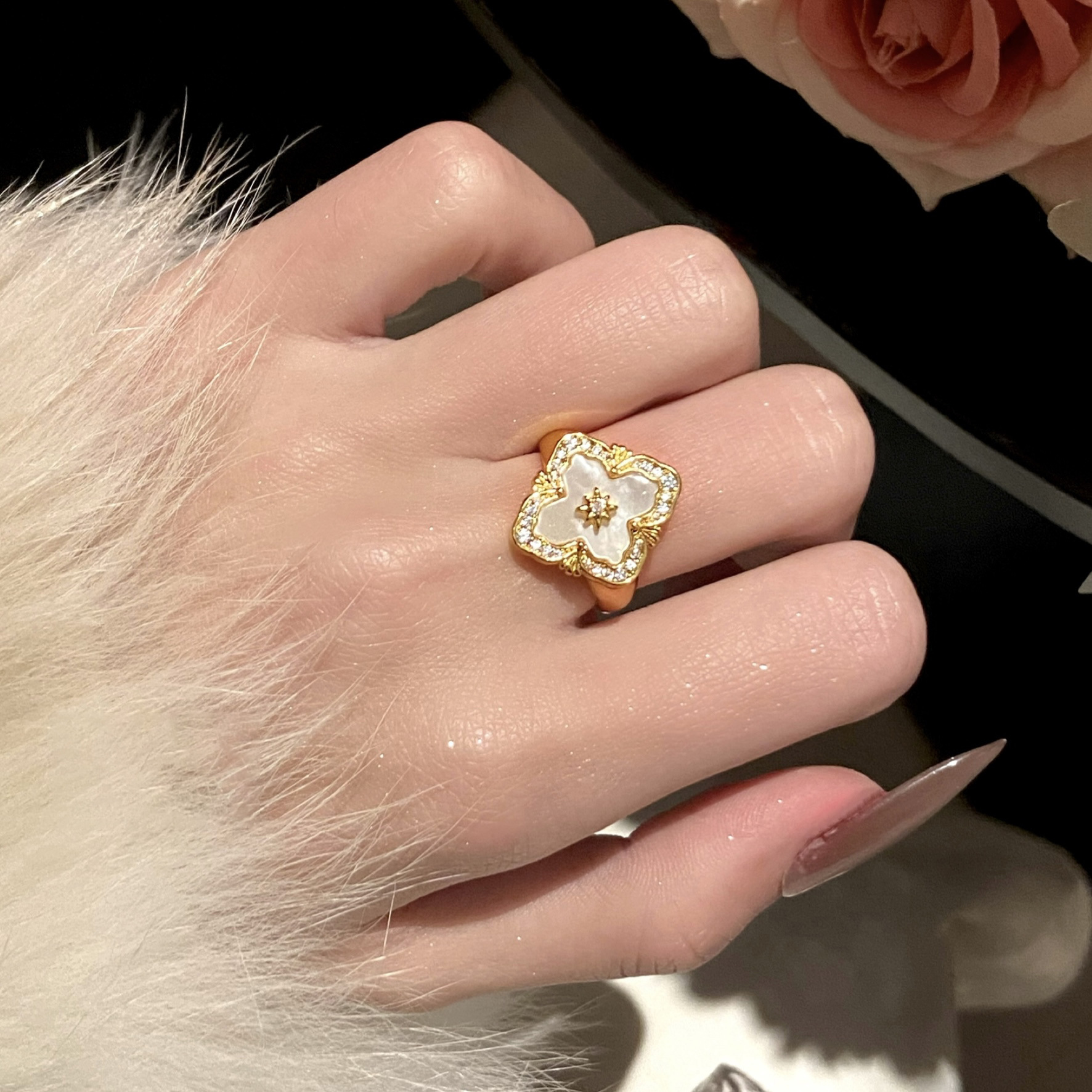 Gold - Tone Ring With Mother - Of - Pearl And Rhinestone Accents, Elegant Party Jewelry And Gift For Her, High - Quality Stylish Jewelry