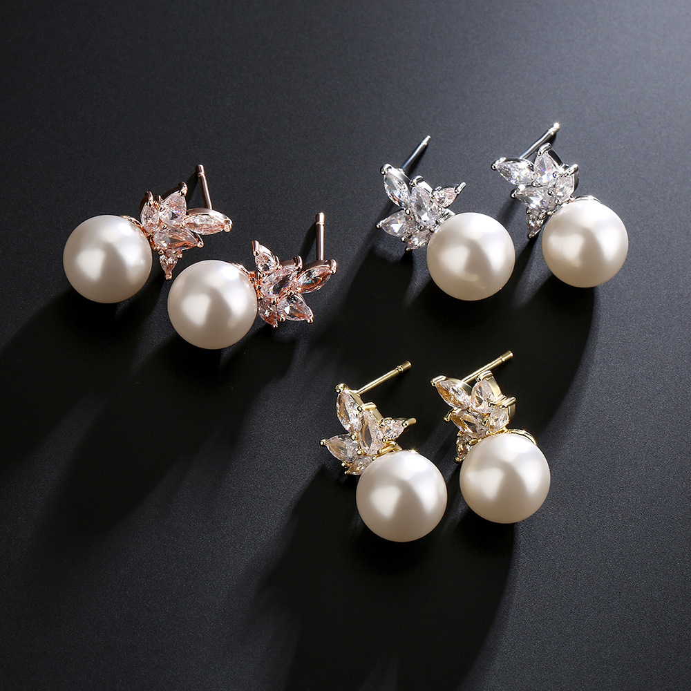 Simple Classic Pearl Designer For Women Elegant Ladies' Jewelry Light Luxury Exquisite Micro-inlaid Zircon Stud Earrings Wholesale