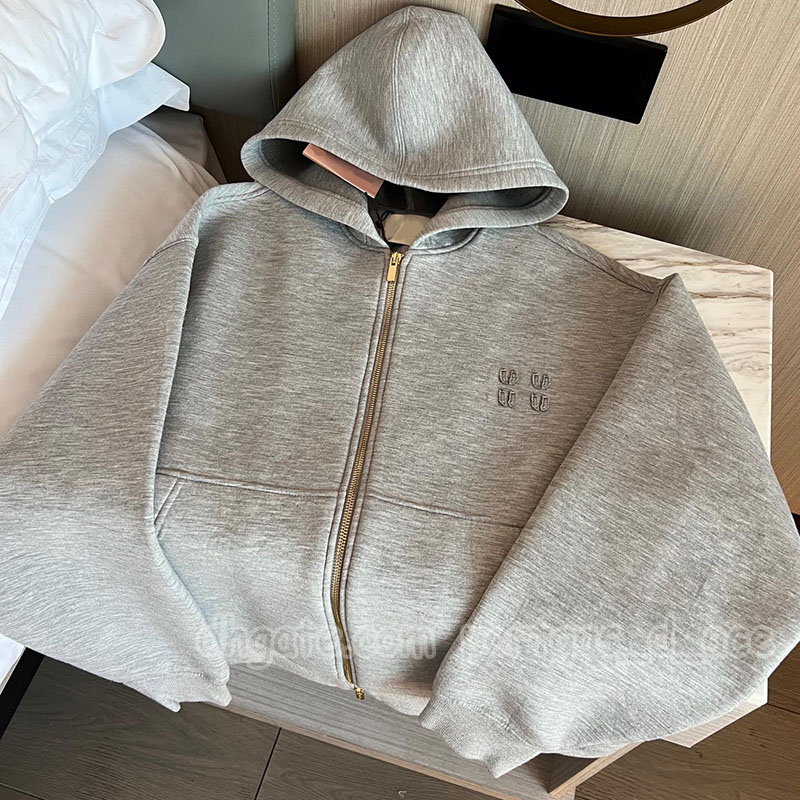 Women Hooded Zipper Gray Jacket Designer Autumn Spring Long Sleeve Sweatshirt Jackets Luxury Preppy Street Style Coats