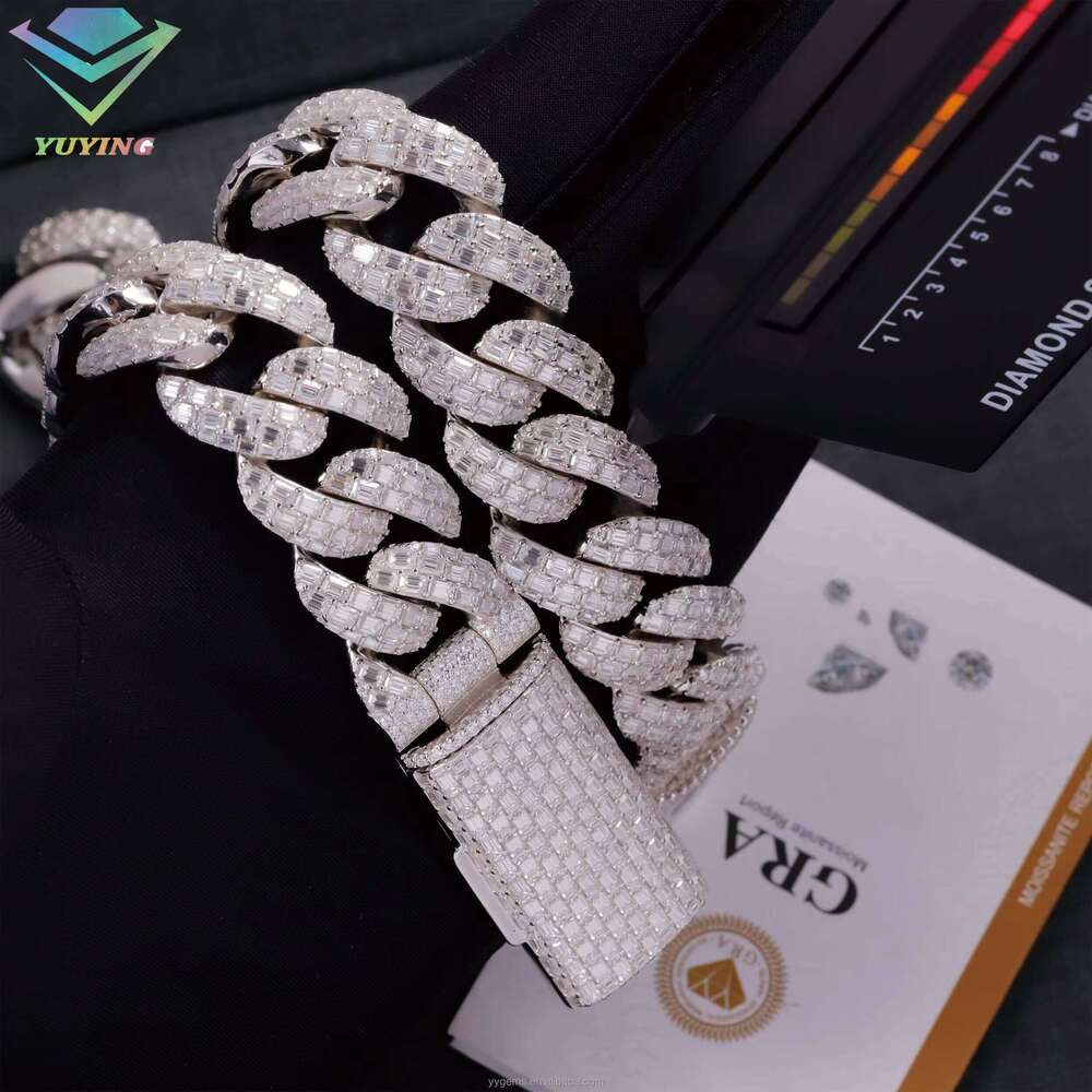 Luxurious Design VVS Baguette Moissanite 23Mm Wide Sterling Sier GoldPlated HipHop Singer Cuban Chain Necklace