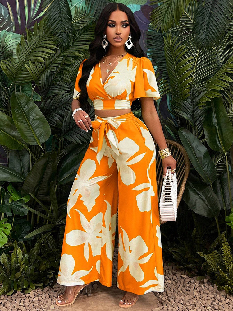 Designer women fashionable floral-patterned printed blouse with butterfly sleeves and wide-leg trousers set women casual beginning minimalist outfit
