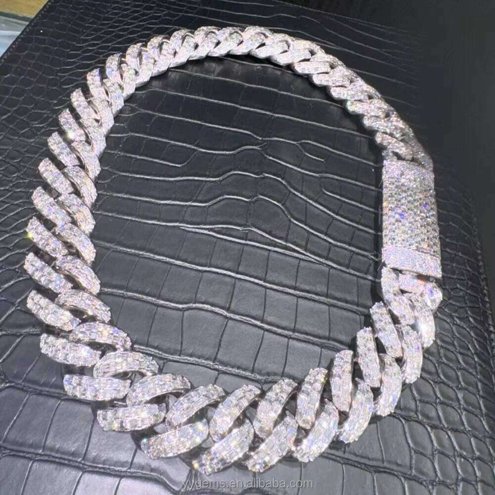 Luxurious Design VVS Baguette Moissanite 23Mm Wide Sterling Sier GoldPlated HipHop Singer Cuban Chain Necklace