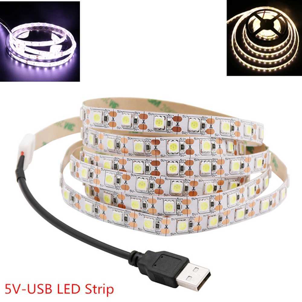 5V USB LED Strip 5050 Cold white/Warm white TV Background Lighting 60LEDs/m USB Clip Connector 30cm 50cm 1m 2m 3m 4m 5m Set. W250701