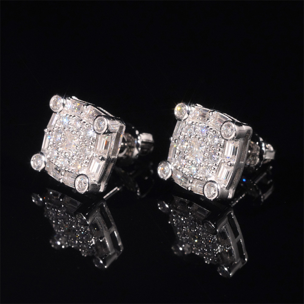 Hip Hop Jewelry Rapper Iced Out Screw Back 925 Sterling Silver Men Moissanite Stud Earrings