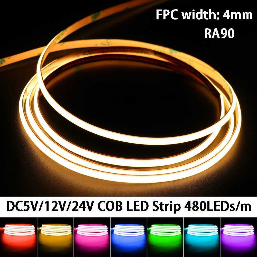 4mm wide COB LED Strip Lights 480LEDs/m DC5V/12V/24V RA90 3000K/4000K/6500K/ Blue / Ice blue/red/green/pink/yellow/purple W250701