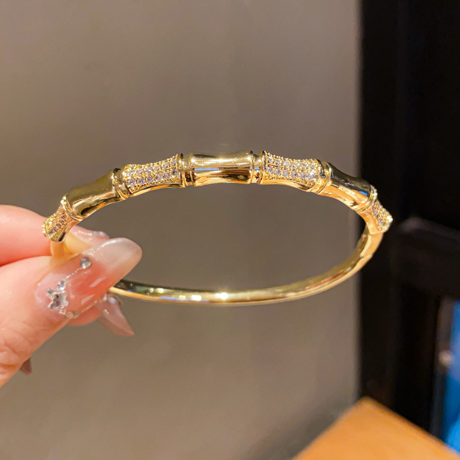 Gold Tone Cubic Zirconia Pave Bamboo Bangle Bracelet With Sparkling Accents Chic Fashion Jewelry And Gift For Her High Quality And Luxe Accessory