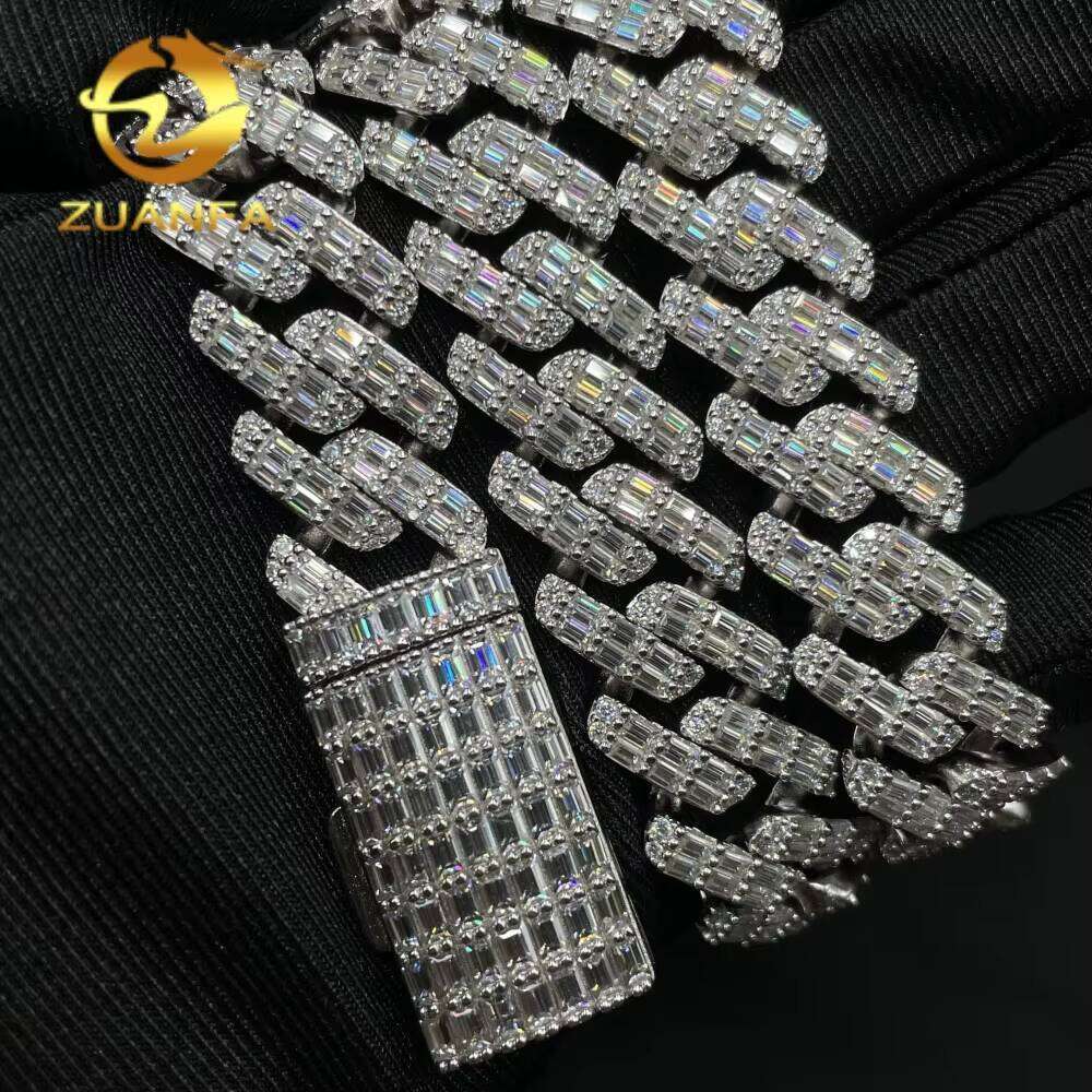 GRA Certified Mens Jewelry Necklace Fang Set Pure Sier 15Mm Baguette VVS Moissanite Iced Cuban Chain