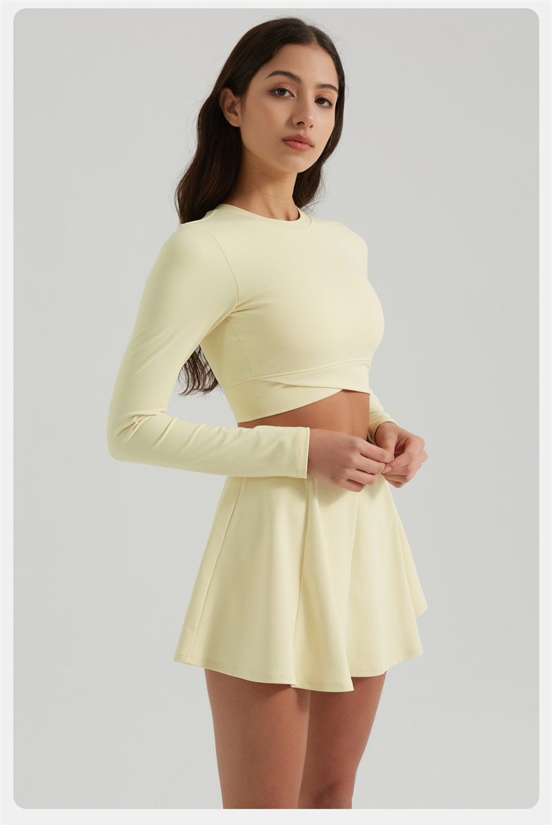 702KK Womens Yoga Skirt Sets Outfit Yoga Sets Two Piece Long Sleeve Tennis Sport Skirt Elastic High Waist Sportwear Lined Breathable BFT1038+BFS3043