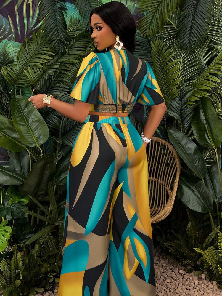 Designer women fashionable floral-patterned printed blouse with butterfly sleeves and wide-leg trousers set women casual beginning minimalist outfit