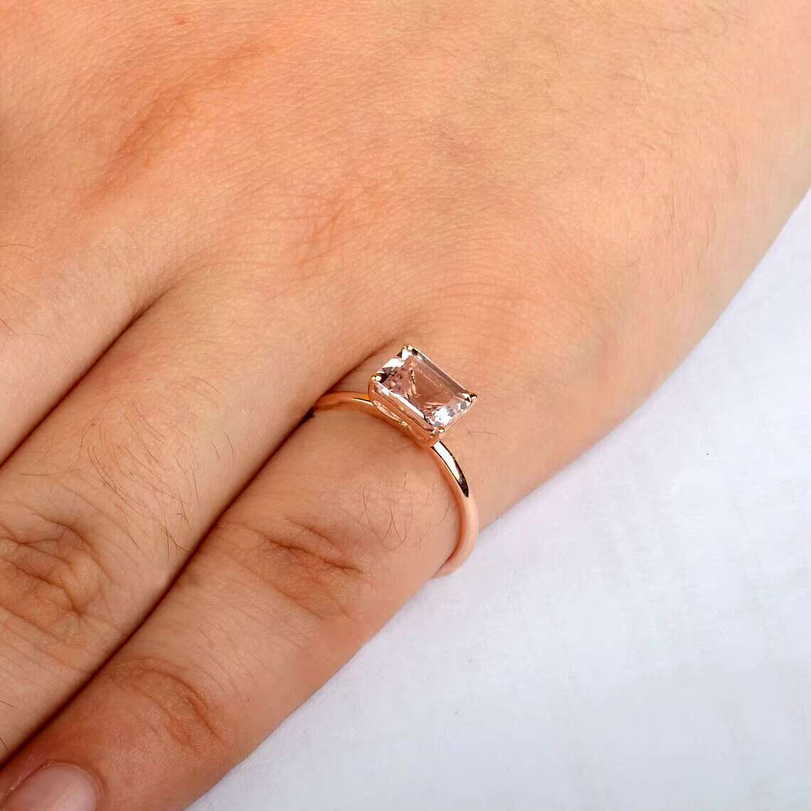 Emerald Cut Pink Morganite Gemstone Genuine 0.85 Ct. Solid 14K Rose Gold Wedding Handmade Jewelry Memorial Gift Wedding Ring