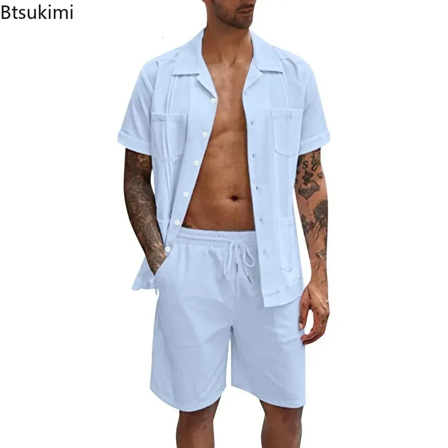 Mens Summer Casual Sport 2 Piece Sets Fashion Cotton Linen Short Sleeve Shirt and Shorts Suit Men Loose Outfits 250624