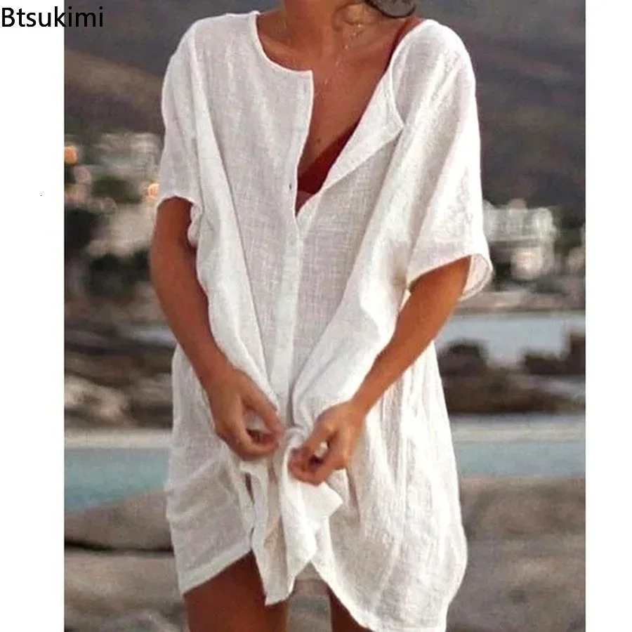 2025 Womens Cotton Linen Beach Dress Solid Summer Casual Cover-ups Midi Dresses Soft Loose Tunics Female Shirt Dress Robe S-5XL 250702