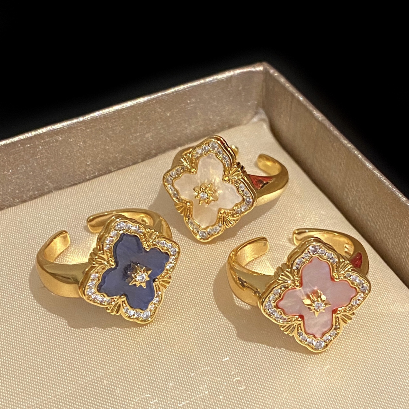 Gold - Tone Ring With Mother - Of - Pearl And Rhinestone Accents, Elegant Party Jewelry And Gift For Her, High - Quality Stylish Jewelry