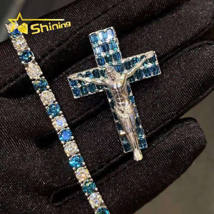 Custom Hip Hop Chain Sier VVS Moissanite Lab Dia Iced Out Jewelry Tennis Bracelet Cross Jesus Pendant