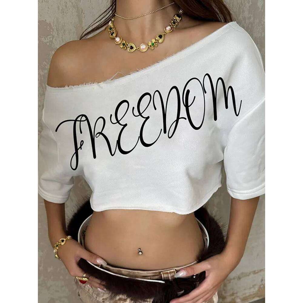 hoodie Wear Loose Letter Print Mini T-Shirt Women Summer Trend Biased Collar Versatile Street Skinny Simple Classic Party Daily Tops jacket