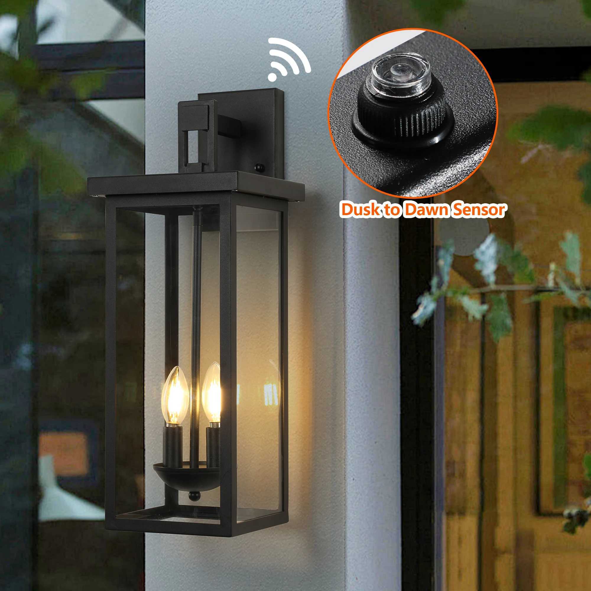 22(H) Outdoor Wall Lantern with Dusk to Dawn Sensor Matte Black Finish Clear Glass Panels Weatherproof Exterior Light XJ250624