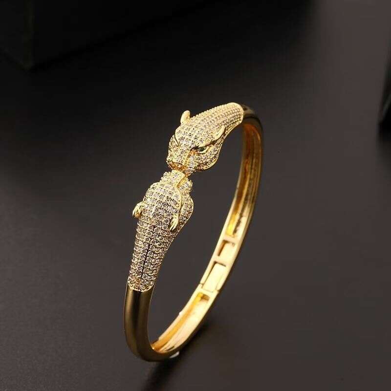 DHCollections Leopard Print Open Cuff Bracelet - 18K Gold Plated Hip Hop Bangle with Zircon Stones | Animal Jewelry for Women & Men