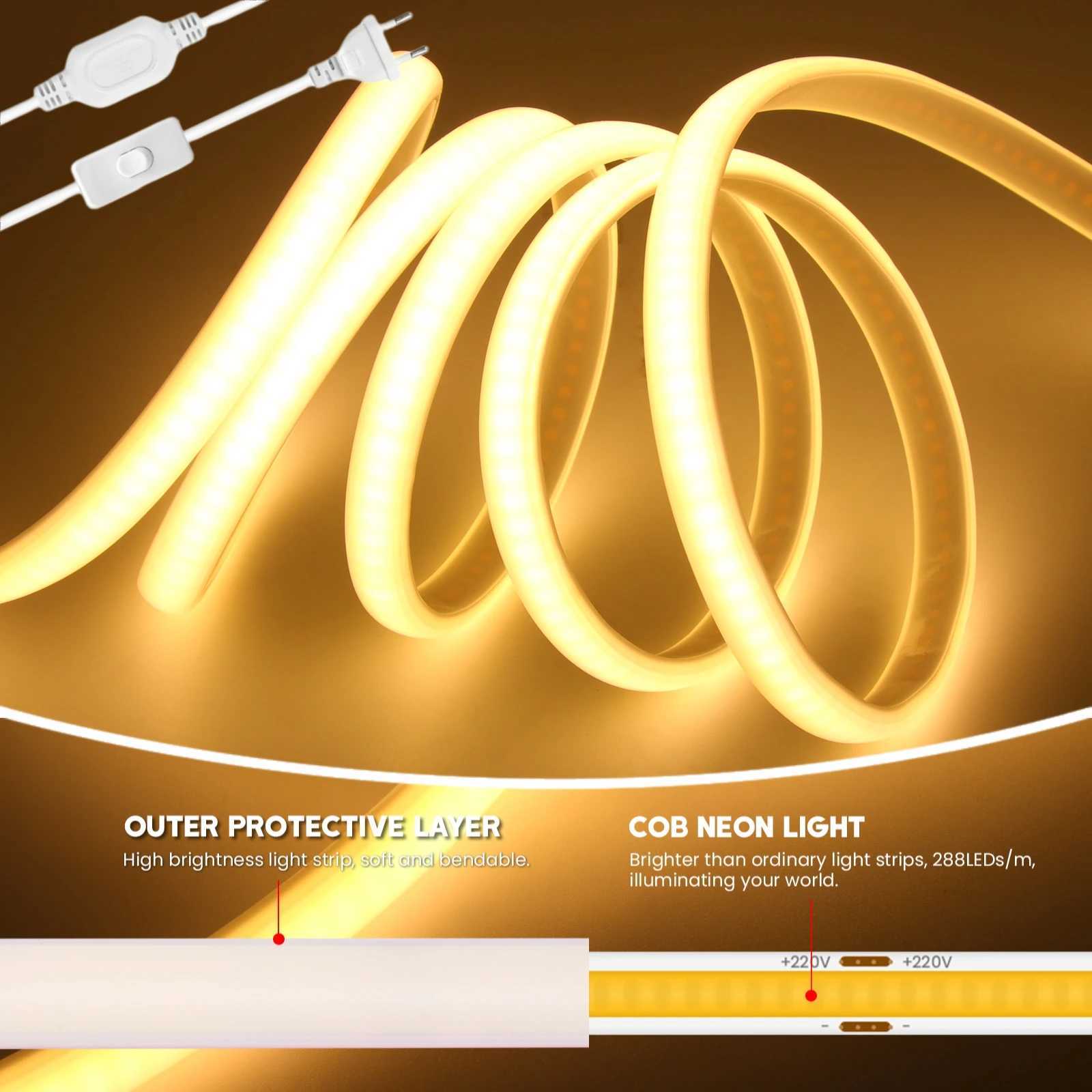 220V COB LED Strip Light 20M 40M 288LEDs/m Flexible Outdoor IP67 Waterproof CRI RA90 FOB Tape Lamp For Bedroom Kitchen Lighting W250701