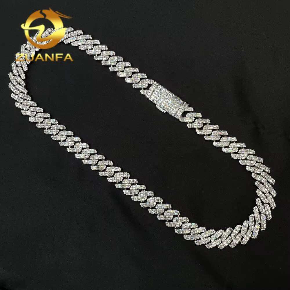 GRA Certified Mens Jewelry Necklace Fang Set Pure Sier 15Mm Baguette VVS Moissanite Iced Cuban Chain