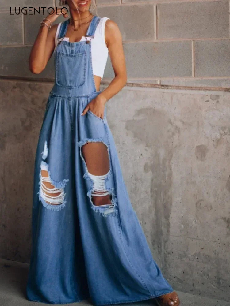 Women Denim Overalls Loose Jumpsuits Wideleg Summer Female Pocket High Waist Street Fashion Hole Casual Suspenders 250625