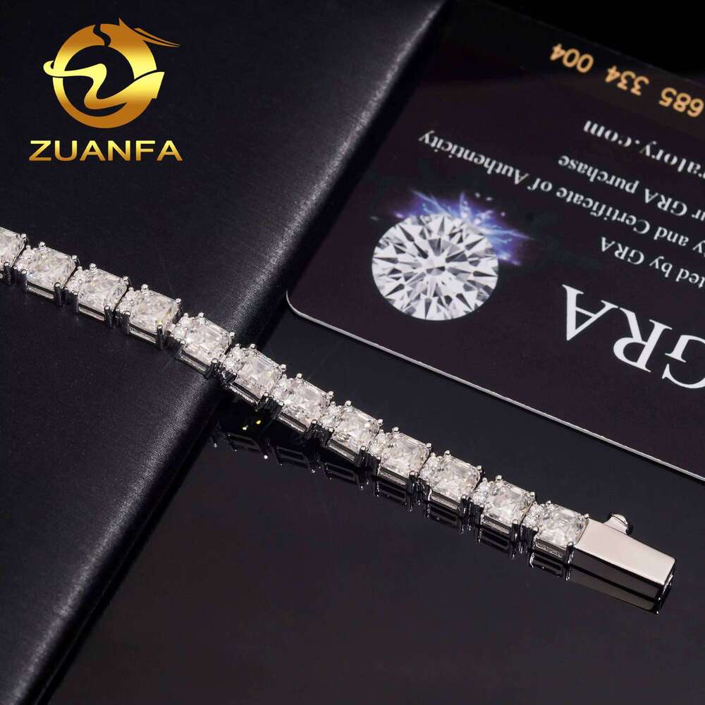 Hip Hop Silicon Stone Jewelry 5 5Mm Asscher Cut Ice For Women And Men Sier Tennis Bracelet Passes Tester