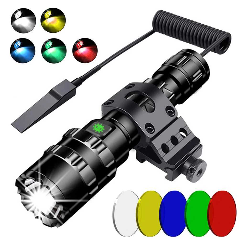 LED Tactical Hunting Torch Flashlight L2 18650 Aluminum Waterproof Outdoor Lighting with Gun Mount +Switch USB Rechargeable Lamp XJ250701