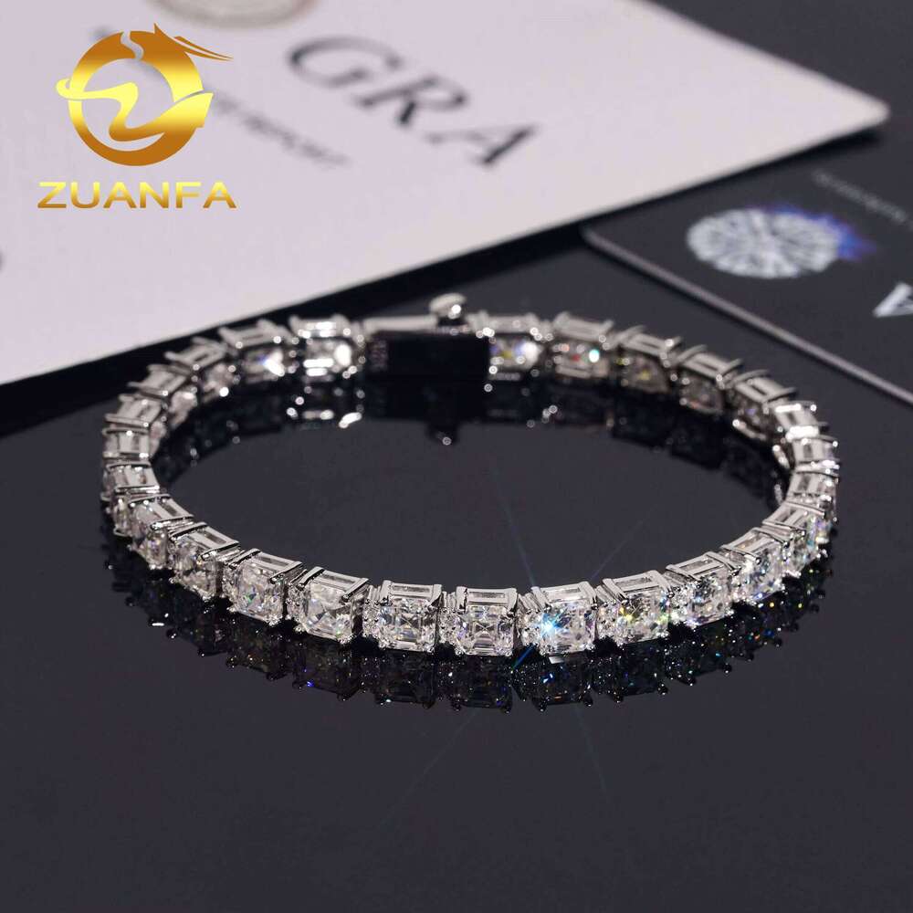 Hip Hop Silicon Stone Jewelry 5 5Mm Asscher Cut Ice For Women And Men Sier Tennis Bracelet Passes Tester