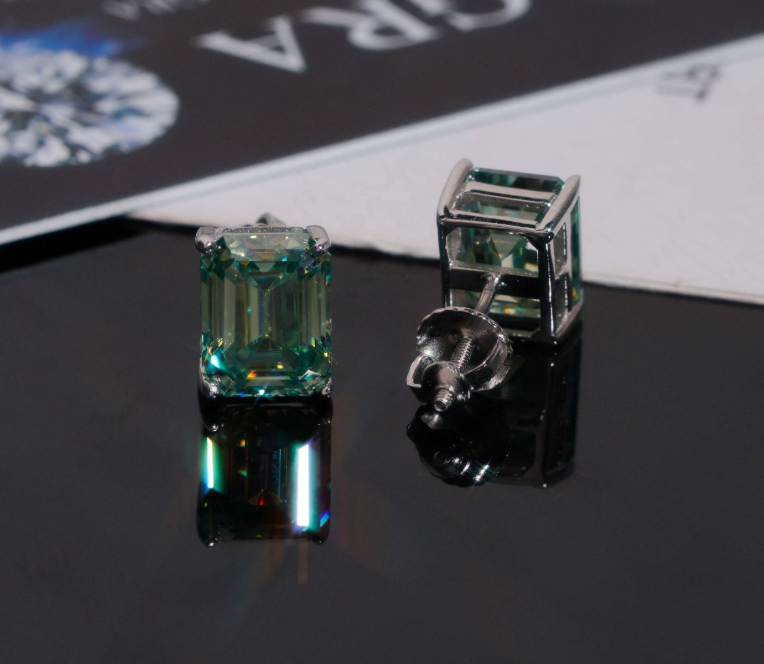 Hot Sale Moissanite Solitaire Emerald Cut Blue Green Stud 925 Silver Stud Earrings