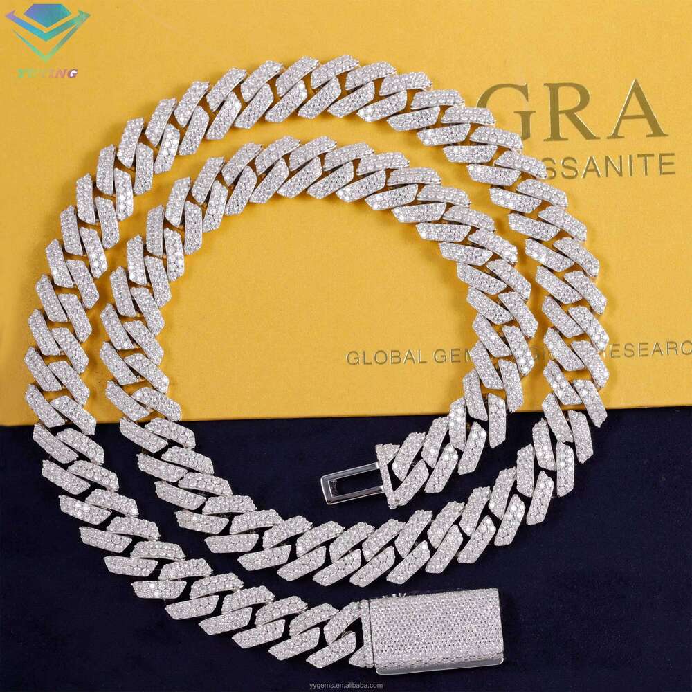 New Style Fine Design 100% Pass Tester 12Mm 2Rows VVS Moissanite Dia Sterling Sier Cuban Link Chain For Hip Hop Necklace