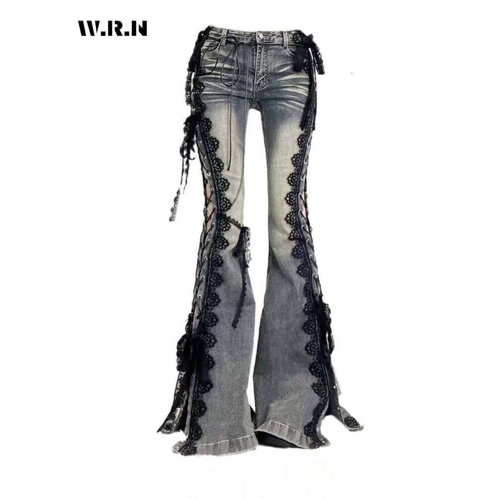 hoodie Wear Retro Eyelets Up Flare Jeans Lace Whiskers Slim Low Rise Split Bootcut Pants Women Bell Bottoms Streetwear jacket