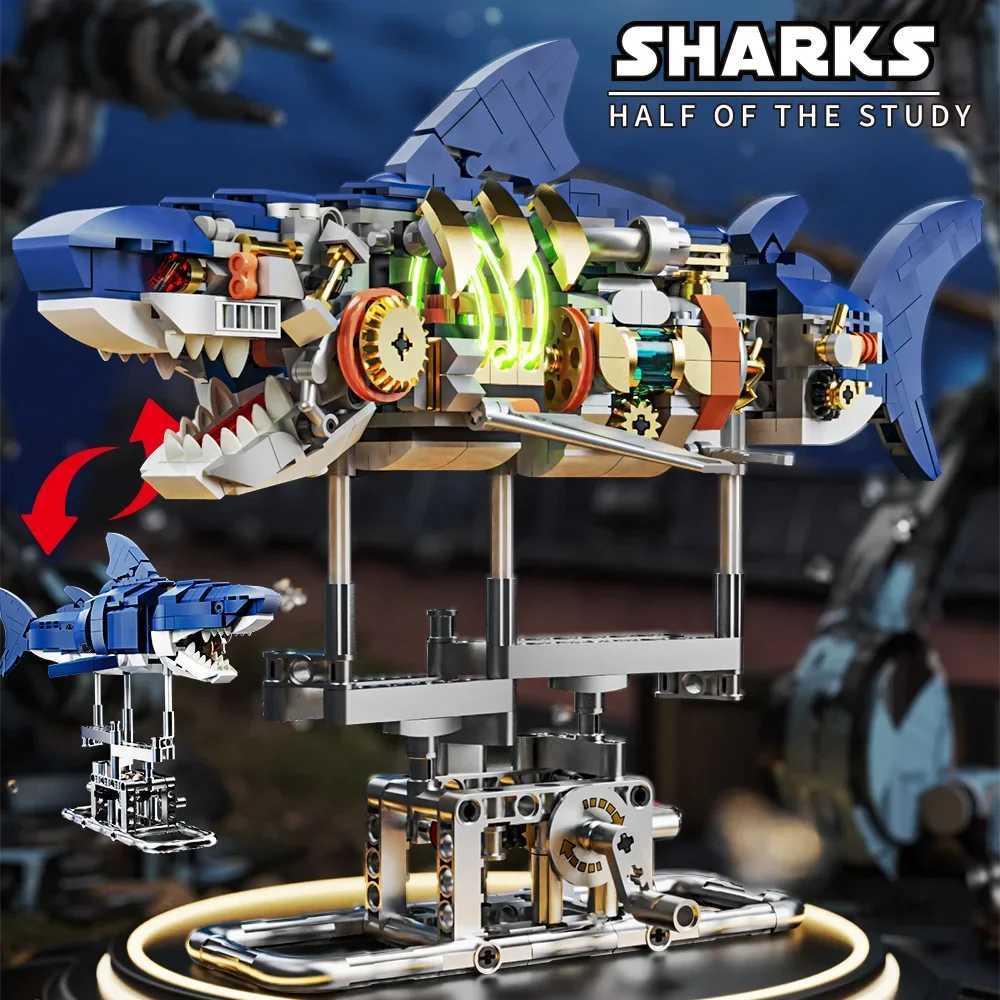 Mechanical Shark Building Set Shark Sea Life Building Blocks Set with Display Stand and Lights Block Gift for Kids and Adults XJ250702