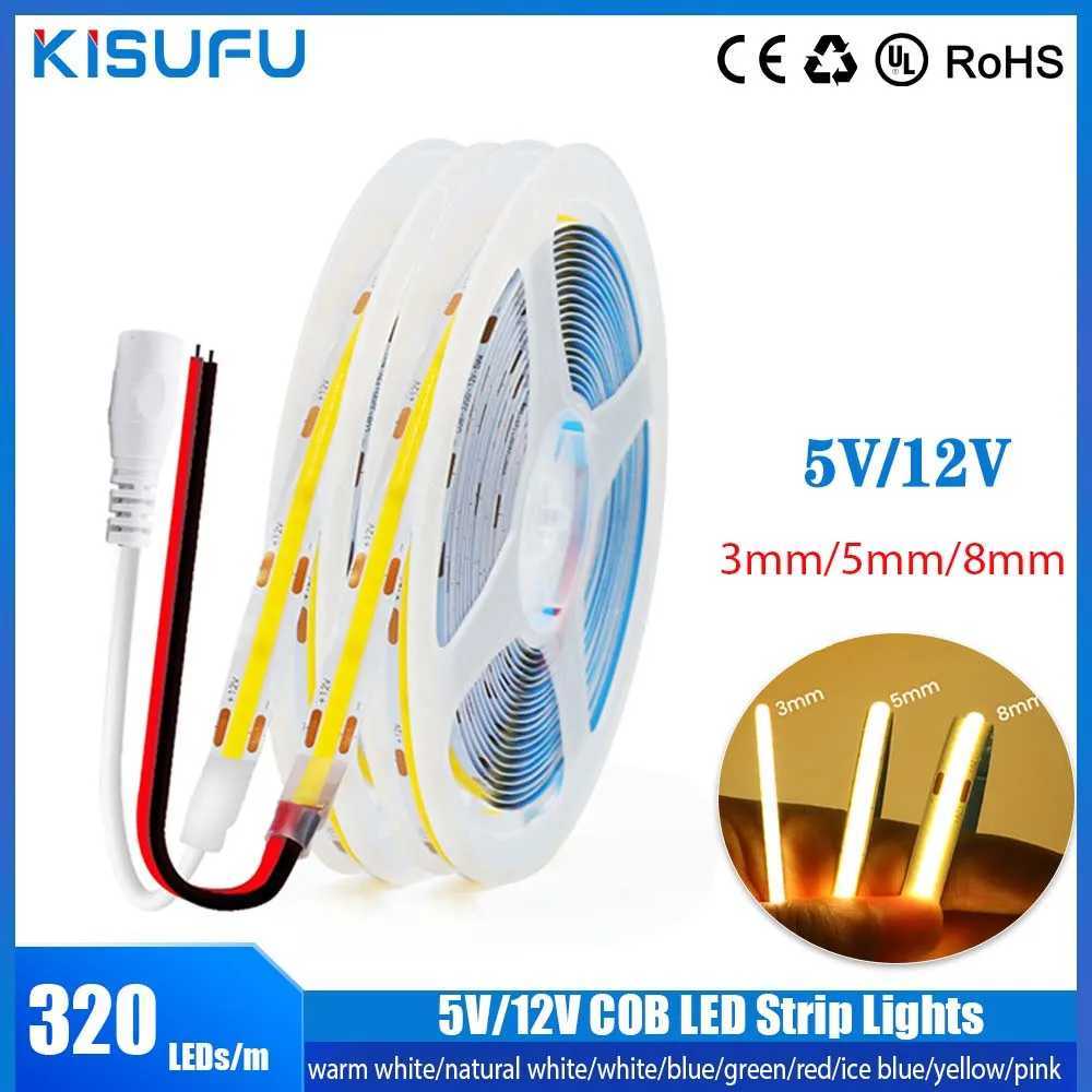 DC 5V/12V COB LED Strip Lights USB 320LEDs/m High Density Flexible Tape 3mm 5mm 8mm Width COB LED Tape Light Home Decor Lamp W250701