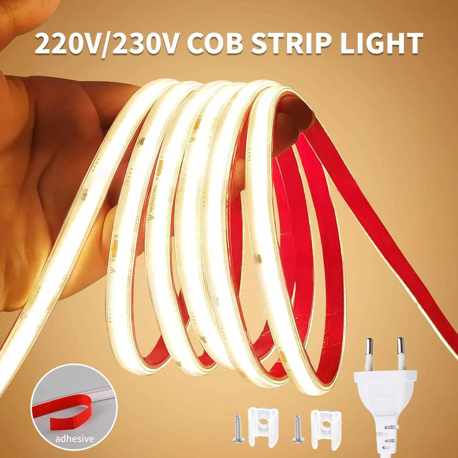 220V COB LED Strip Light 296 LEDs/m High Brightness Waterproof Flexible LED Tape Ribbon for Room Kitchen Outdoor Lighting 230V W250701