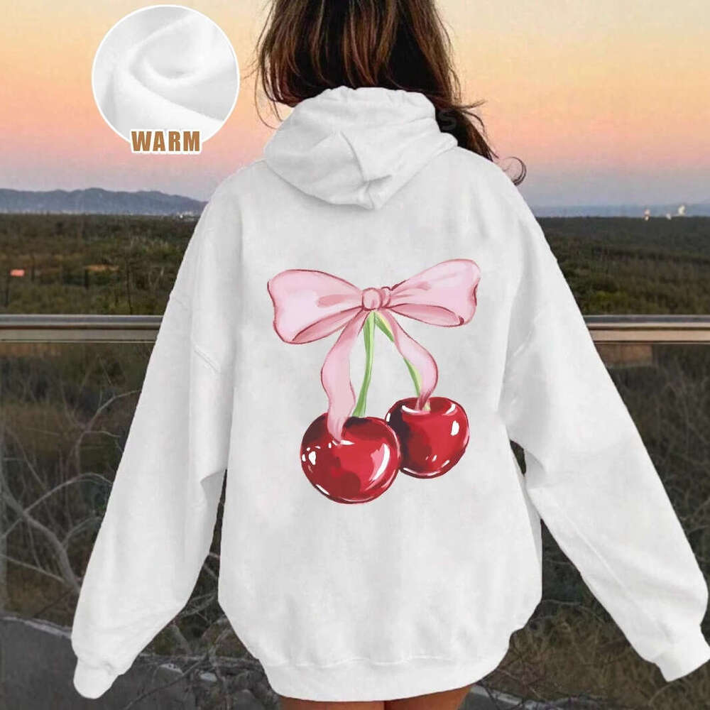 Ins New Autumn Winter Cherry Print Sweatshirt Round Neck Loose Hoodie For Women B5