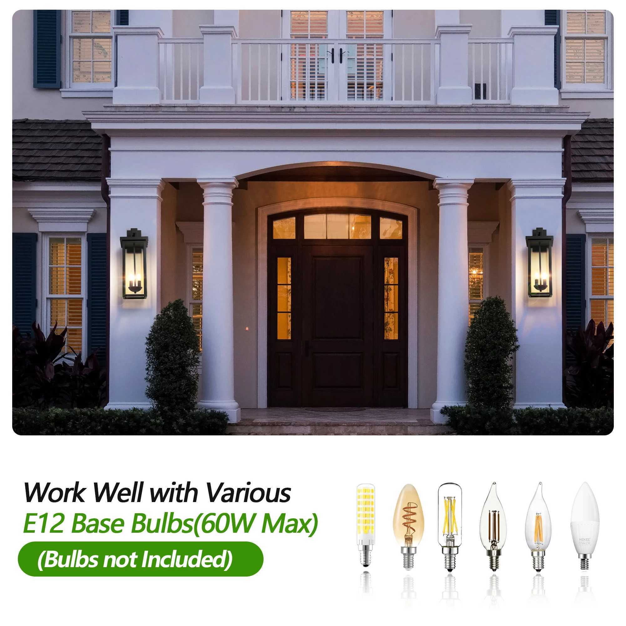 22(H) Outdoor Wall Lantern with Dusk to Dawn Sensor Matte Black Finish Clear Glass Panels Weatherproof Exterior Light XJ250624