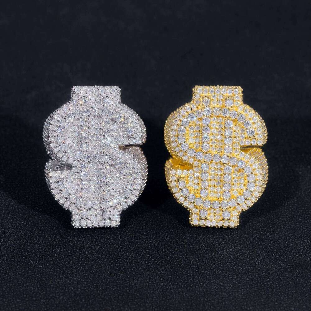GRA Certificate High-Quality Silver and Gold Plated Premium Jewelry Iced Out Hip-Hop with Sandstone Dollar Ring