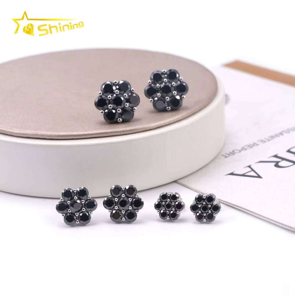 Premium Jewelry Black Dia Hip-Hop Iced Out Sterling Sier Flower Pyroxene Earrings