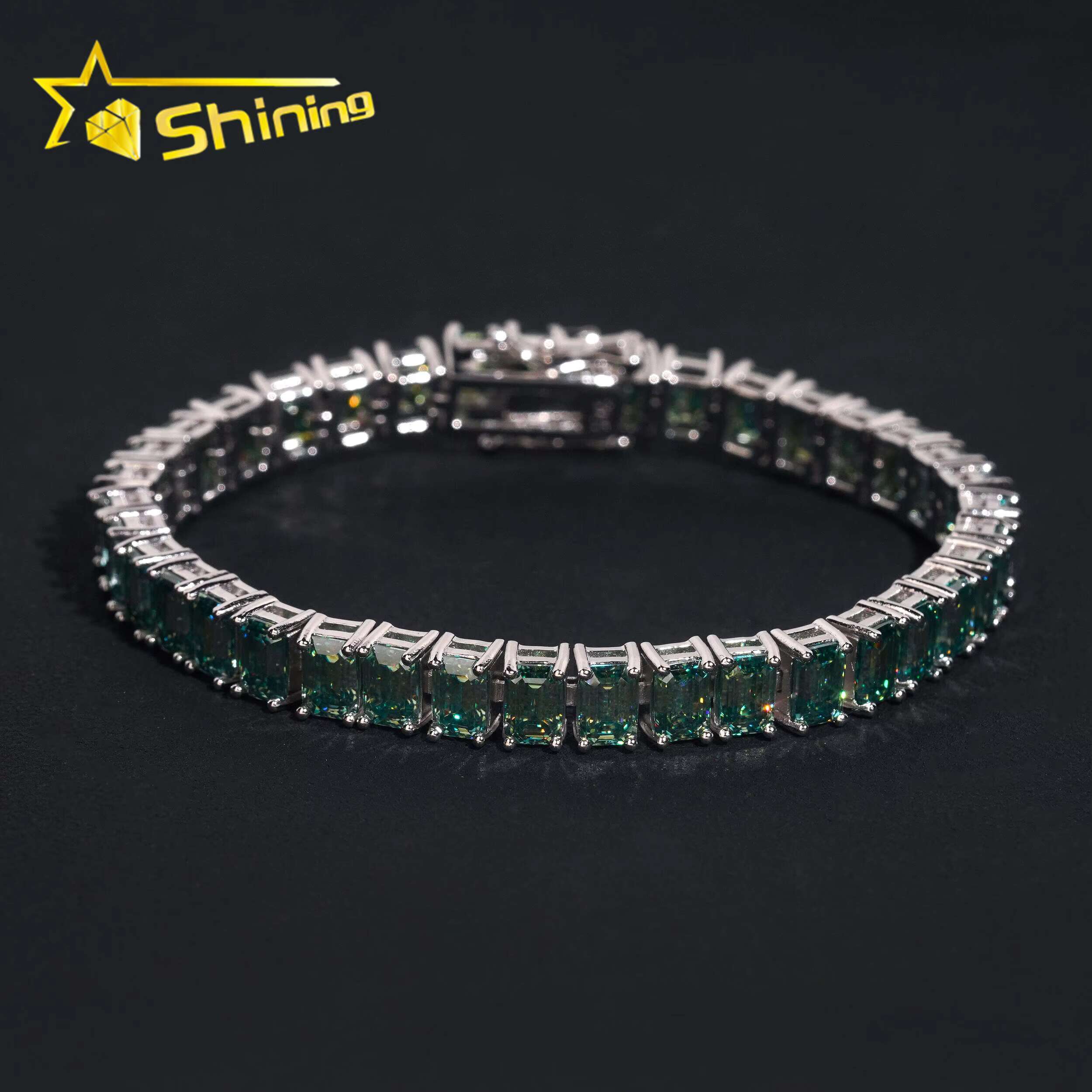 Trendy 925 Silver Blue Green Emerald Cut Moissanite Gemstone Bracelet Hip Hop Iced Out Men Women Moissanite Tennis Bracelet