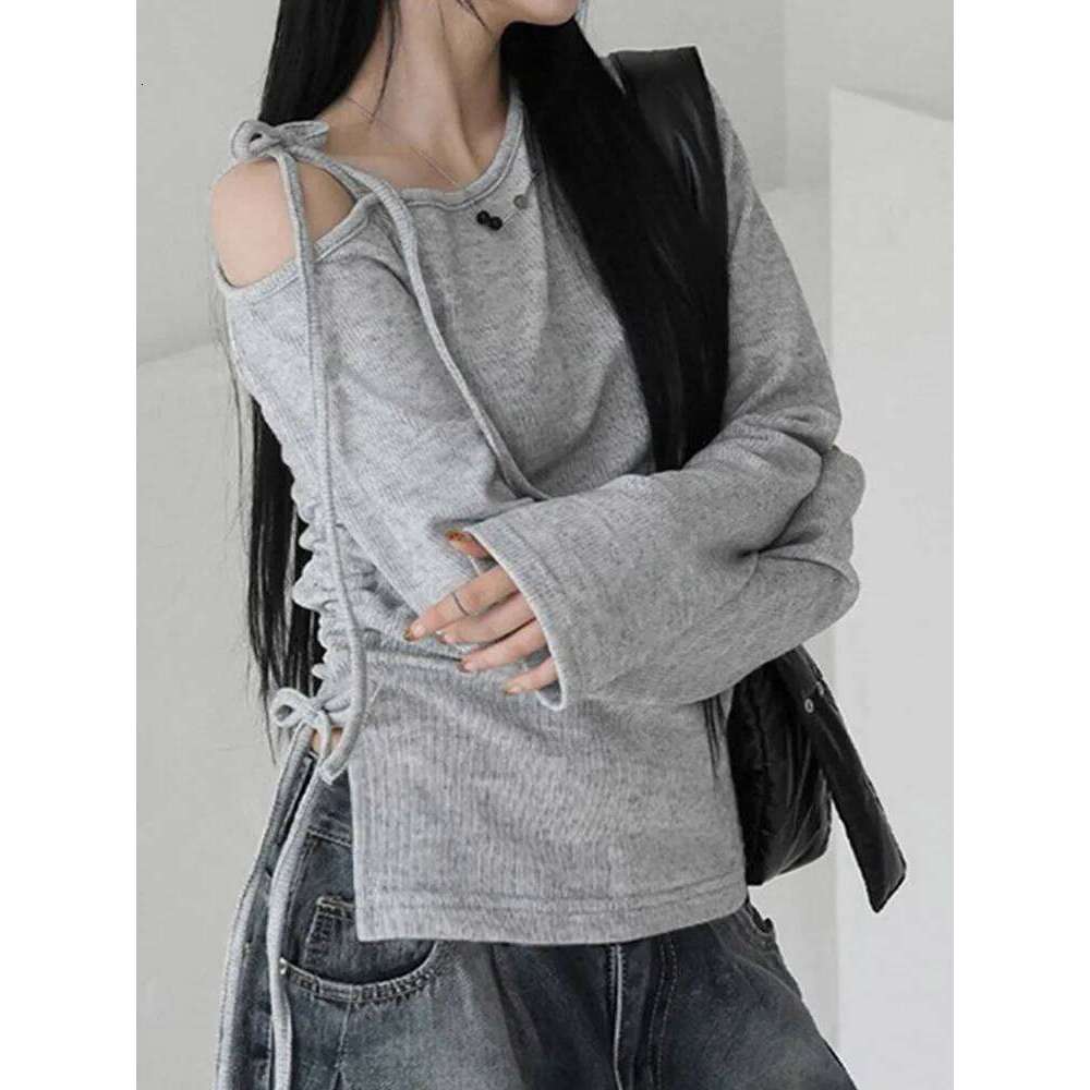 hoodie Wear Skew Collar Tie-Up Off Shoulder T-Shirt For Women Long Sleeve Drawstring Slim Fit Top Solid Korean Fall Casual T Shirts jacket