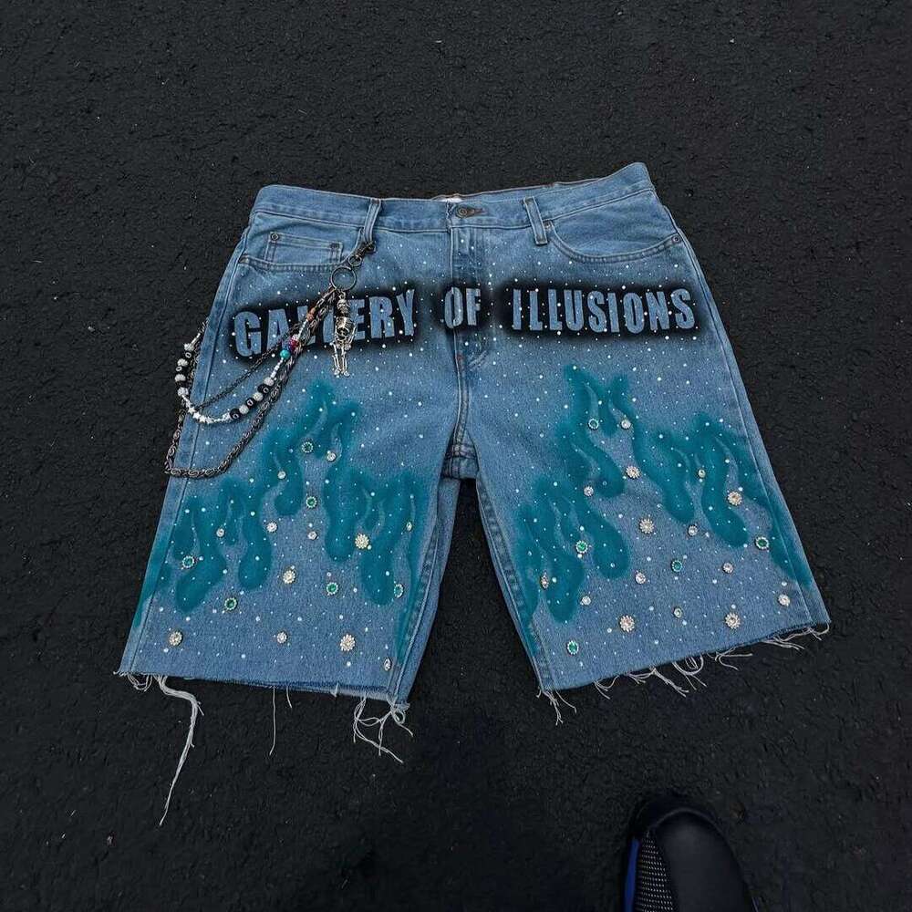 American Fashion Haruku Blue Flame Rhinestone Short Men's Loose Casual Summer Wide Legs Street Couple Full of Star Jeans